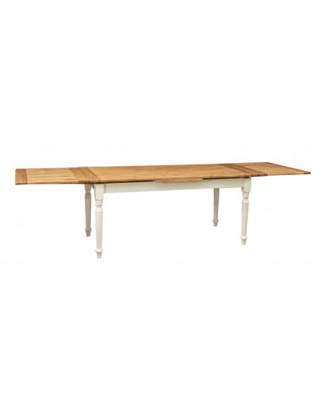 White-natural table in solid wood with two side extensions. View with open extensions. Crafted, made in Italy