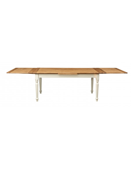White-natural table in solid wood with two side extensions. View completely open. Crafted, made in Italy