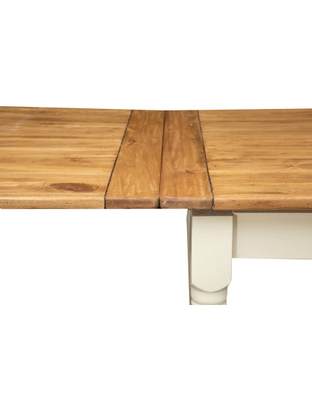 White-natural table in solid wood with two side extensions. Detail of the open extension. Made in Italy