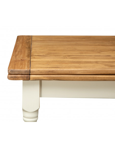 White-natural table in solid wood with two side extensions. Side with closed extension. Made in Italy
