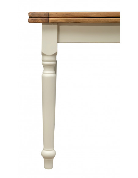 White-natural table in solid wood with two side extensions. detail of the leg. Made in Italy