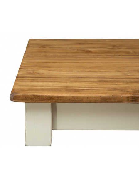 Fixed square table in two-colored solid wood. Crafted, made in Italy. Side detail.