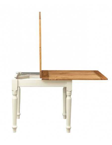 Country-style solid lime wood antiqued white frame natural top W90xDP90xH80 cm sized extensible table. Made in Italy