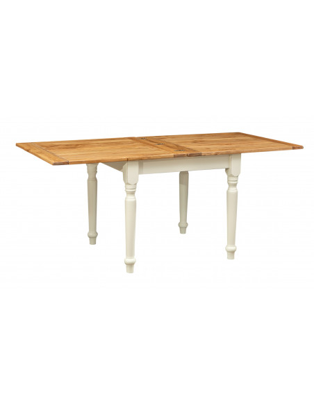 Country-style solid lime wood antiqued white frame natural top W90xDP90xH80 cm sized extensible table. Made in Italy