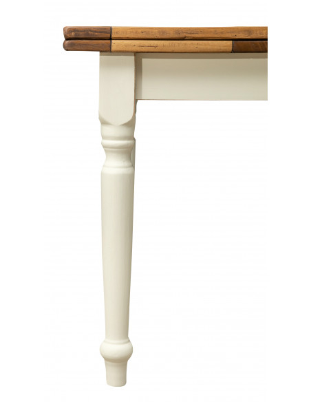 Table à rallonge style  champêtre en bois massif de tilleul avec structure antique blanche et plan en finition naturelle L120xPR