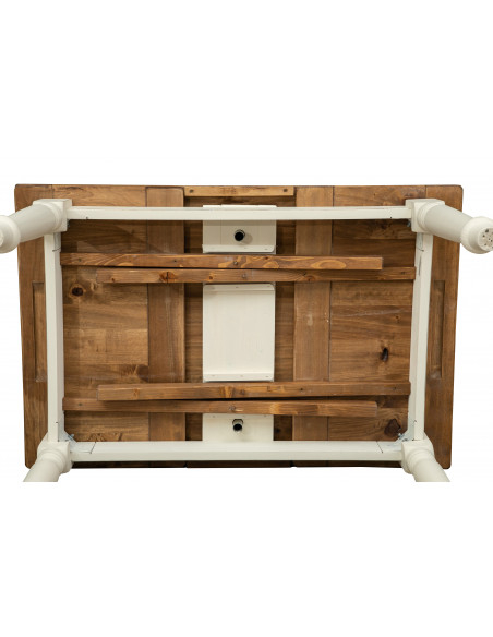 Table à rallonge style  champêtre en bois massif de tilleul avec structure antique blanche et plan en finition naturelle L120xPR