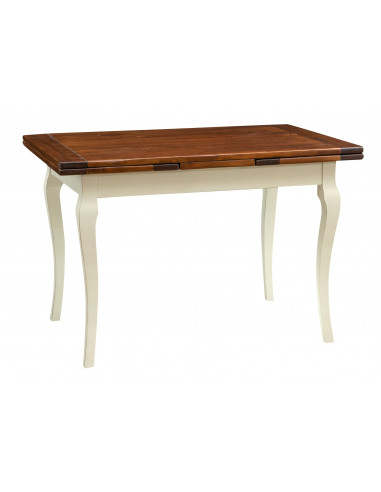Table de style Country extensible en bois massif de tilleul châssis blanche patinèe surface en noisetier aux dimensions L120 xPR
