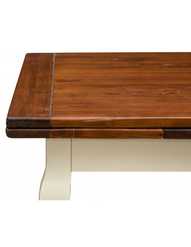 W120xDP80xH80 cm sized solid lime wood antiqued white finish top walnut Country style table. Made in Italy W120xDP80xH80 cm sized solid lime wood antiqued white finish top walnut Country style table. Made in Italy