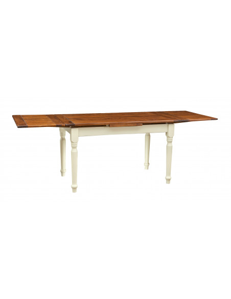 Tavolo allungabile Country in legno massello di tiglio struttura bianca anticata piano noce con allunghe aperte. Made in Italy