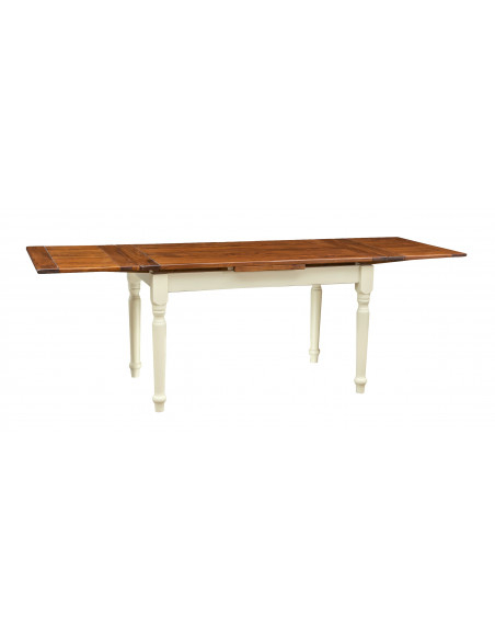 Country extending table in solid linden wood antiqued white structure walnut top with open extensions. Made in Italy