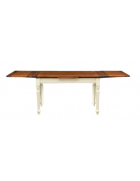 Country extensible table in solid linden wood, antiqued white structure, completely open walnut top. Made in Italy