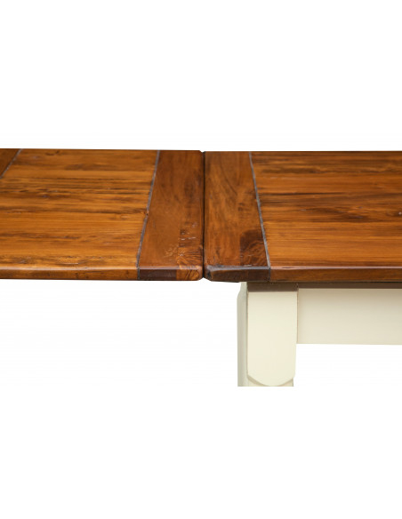 Tavolo allungabile Country in legno massello di tiglio struttura bianca anticata piano noce particolare del piano. Made in Italy