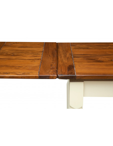 Country extending table in solid linden wood antiqued white structure walnut top: detail of the top. Made in Italy