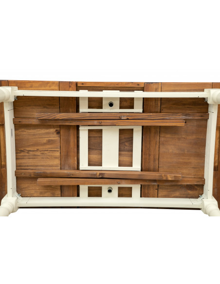 Tavolo allungabile Country in legno massello di tiglio struttura bianca anticata piano noce 140x80x80 cm. Made in Italy