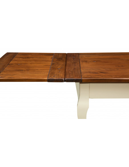 Table de style Country extensible en bois massif de tilleul châssis blanche vieillie surface en noisetier aux dimensions L140 xP