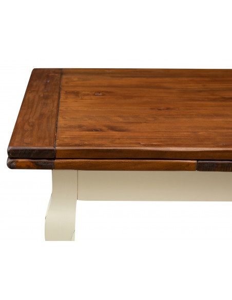 Table de style Country extensible en bois massif de tilleul châssis blanche vieillie surface en noisetier aux dimensions L140 xP