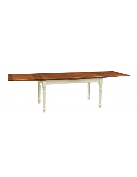 Mesa extensible Made in Italy en madera maciza de dos colores, vista completamente abierta