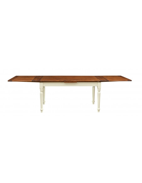 Tavolo allungabile Made in Italy in legno massello bicolore, vista con allunghe aperte