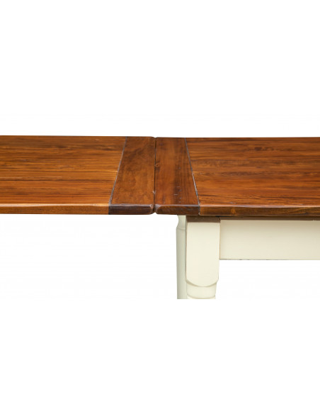 Mesa extensible Made in Italy en madera maciza de dos colores, detalle de la parte superior con extensión