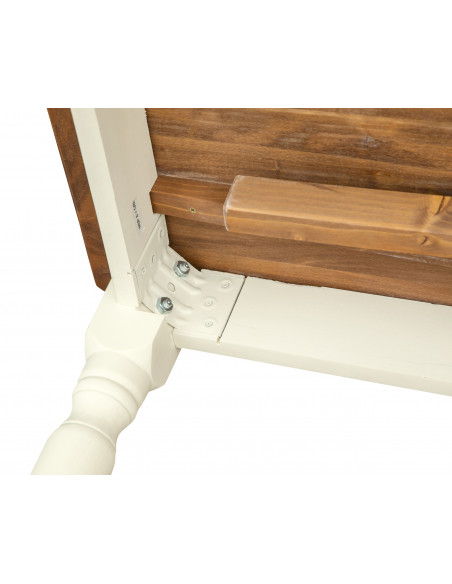 Mesa extensible Made in Italy en madera maciza de dos colores, detalle de la fijación de la pierna