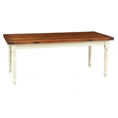 Table à rallonge style champêtre en bois massif structure blanche vieillie sur plan en noyer L200xPR90xH80 cm