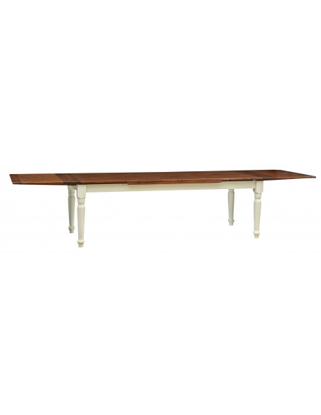 Mesa Country extensível em madeira maciça de tília com estrutura branca antiga e tampo em nogueira 250x100x80 cm. Feito na Itáli