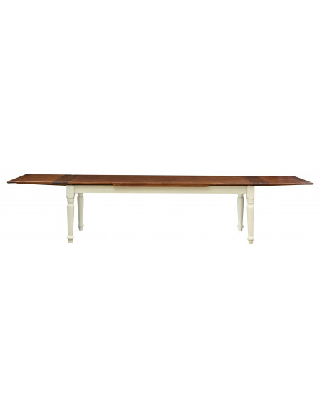 Mesa Country extensível em madeira maciça de tília com estrutura branca antiga e tampo em nogueira 250x100x80 cm. Feito na Itáli