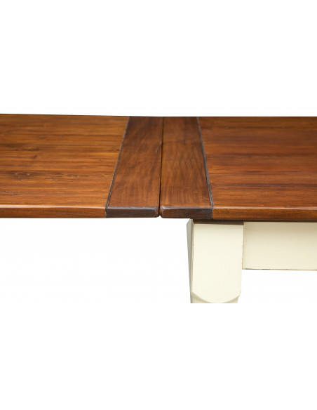 Mesa Country extensível em madeira maciça de tília com estrutura branca antiga e tampo em nogueira 250x100x80 cm. Feito na Itáli