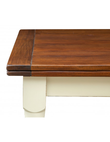 Mesa Country extensível em madeira maciça de tília com estrutura branca antiga e tampo em nogueira 250x100x80 cm. Feito na Itáli
