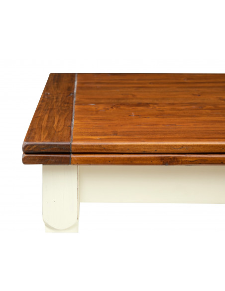 Tavolo allungabile Country in legno massello di tiglio struttura bianca anticata piano noce 90x90x80 cm. Made in Italy