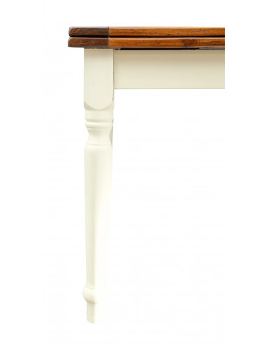 Mesa country extensível quadrada em dois tons feita à mão Made in Italy. Detalhe lateral com a perna Mesa country extensível quadrada em dois tons feita à mão Made in Italy. Detalhe lateral com a perna