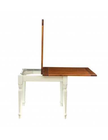 Table de pays carrée bichromatique extensible fabriquée à la main Made in Italy. Détail de l'extension semi-ouverte Table de pays carrée bichromatique extensible fabriquée à la main Made in Italy. Détail de l'extension semi-ouverte