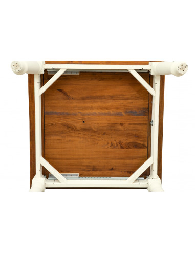 Tavolo country quadrato bicromatico allungabile fatto artigianalmente Made in Italy. Vista della parte inferiore Tavolo country quadrato bicromatico allungabile fatto artigianalmente Made in Italy. Vista della parte inferiore