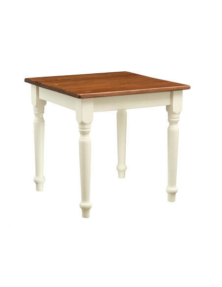 Mesa fixa country em madeira maciça de tília com estrutura branca antiga e tampo em nogueira 80x80x78 cm. Feito na Itália