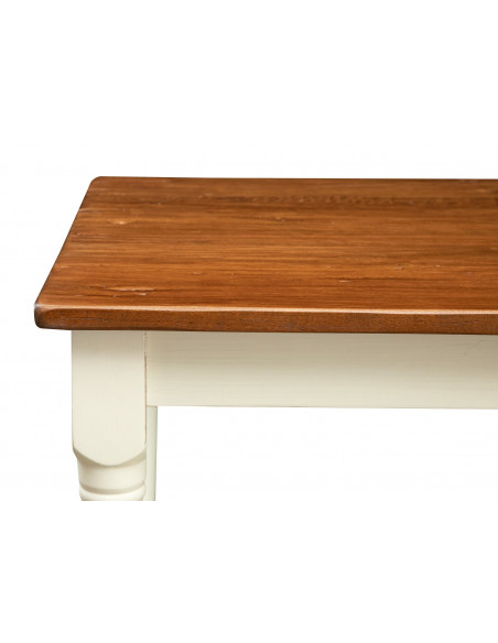 Mesa fixa country em madeira maciça de tília com estrutura branca antiga e tampo em nogueira 80x80x78 cm. Feito na Itália