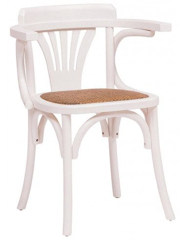 Sedia con braccioli  Thonet in massello di frassino finitura bianca anticata e seduta in rattan 45x42x77  cm