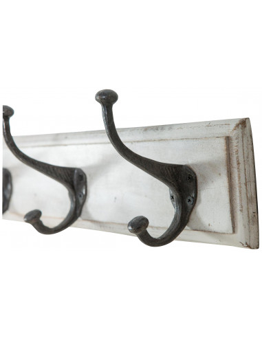 Cabide de parede em madeira maciça e ferro forjado à mão com acabamento branco antigo 60x12x16 cm Cabide de parede em madeira maciça e ferro forjado à mão com acabamento branco antigo 60x12x16 cm