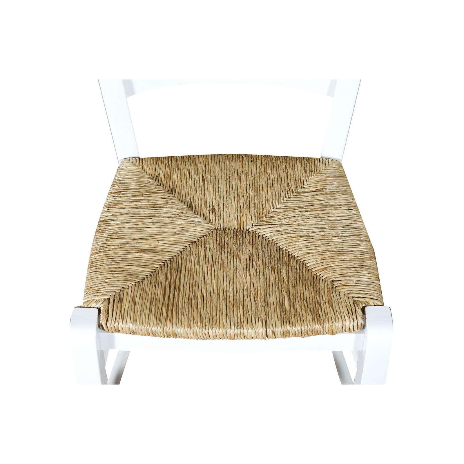 Weißer Stuhl handgefertigt aus massivem Buchenholz mit Strohsitz.