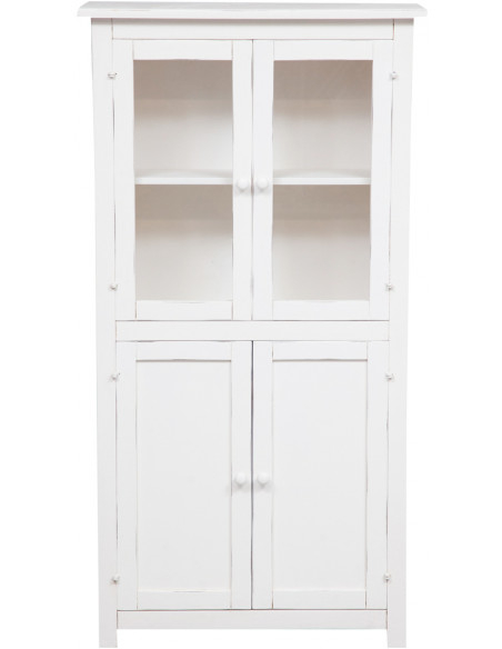 Vetrina Credenza Country in legno massello di tiglio finitura bianca anticata 68x25x130 cm