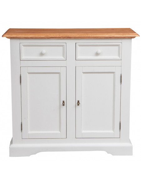 Credenza in legno massello di tiglio struttura bianca anticata piano naturale:foto vista frontale- Biscottini.it
