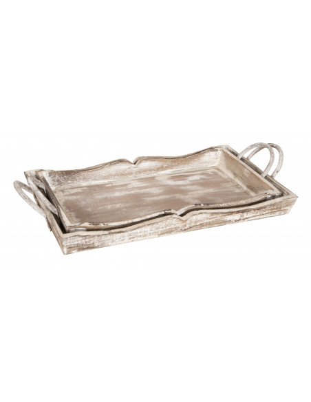 SET DI 2 VASSOI IN LEGNO FINITURA BIANCO ANTICATO L51+48XPR9+9XH28+24 cm