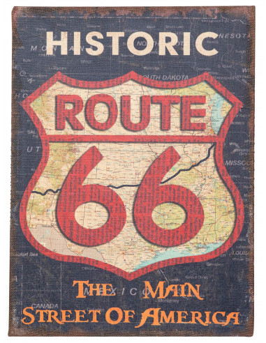 Impressão 'ROUTE 66' em tela de juta crua envelhecida L45xDP1,9xA60 cm