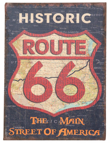 Impressão 'ROUTE 66' em tela de juta crua envelhecida L45xDP1,9xA60 cm