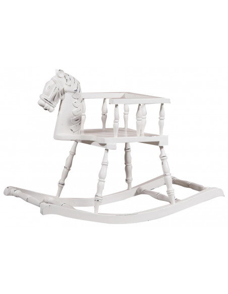 Cavallo a dondolo in legno massello di mogano finitura bianca anticata 75x30x50 cm