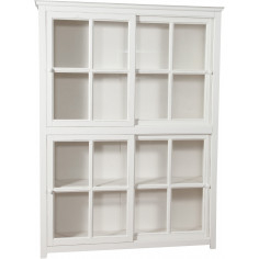 Libreria vetrina con ante scorrevoli in legno massello di tiglio, finitura bianca anticata 154x37x212 cm