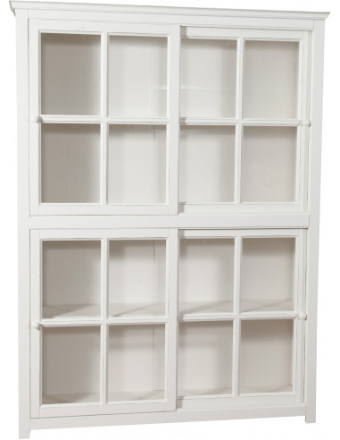 Estante vitrine com portas de correr em madeira maciça de limão, acabamento branco antigo 154x37x212 cm