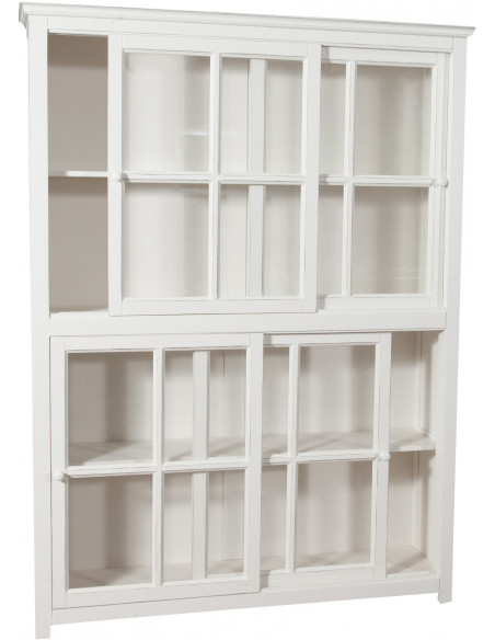 Estante vitrine com portas de correr em madeira maciça de limão, acabamento branco antigo 154x37x212 cm