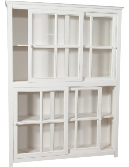 Libreria vetrina con ante scorrevoli in legno massello di tiglio, finitura bianca anticata 154x37x212 cm