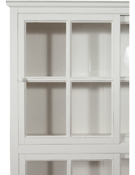 Estante vitrine com portas de correr em madeira maciça de limão, acabamento branco antigo 154x37x212 cm