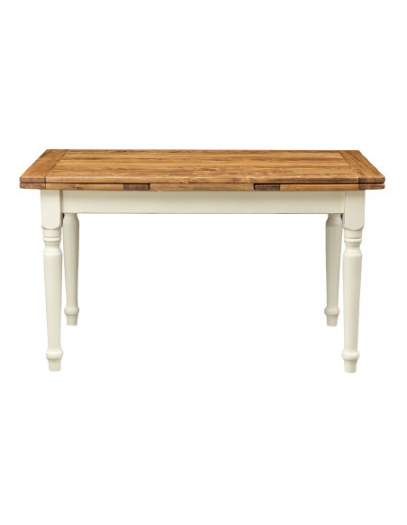 Table à rallonge Country en bois de tilleul massif, structure blanche vieillie, vue de dessus naturelle. Fabriqué en Italie